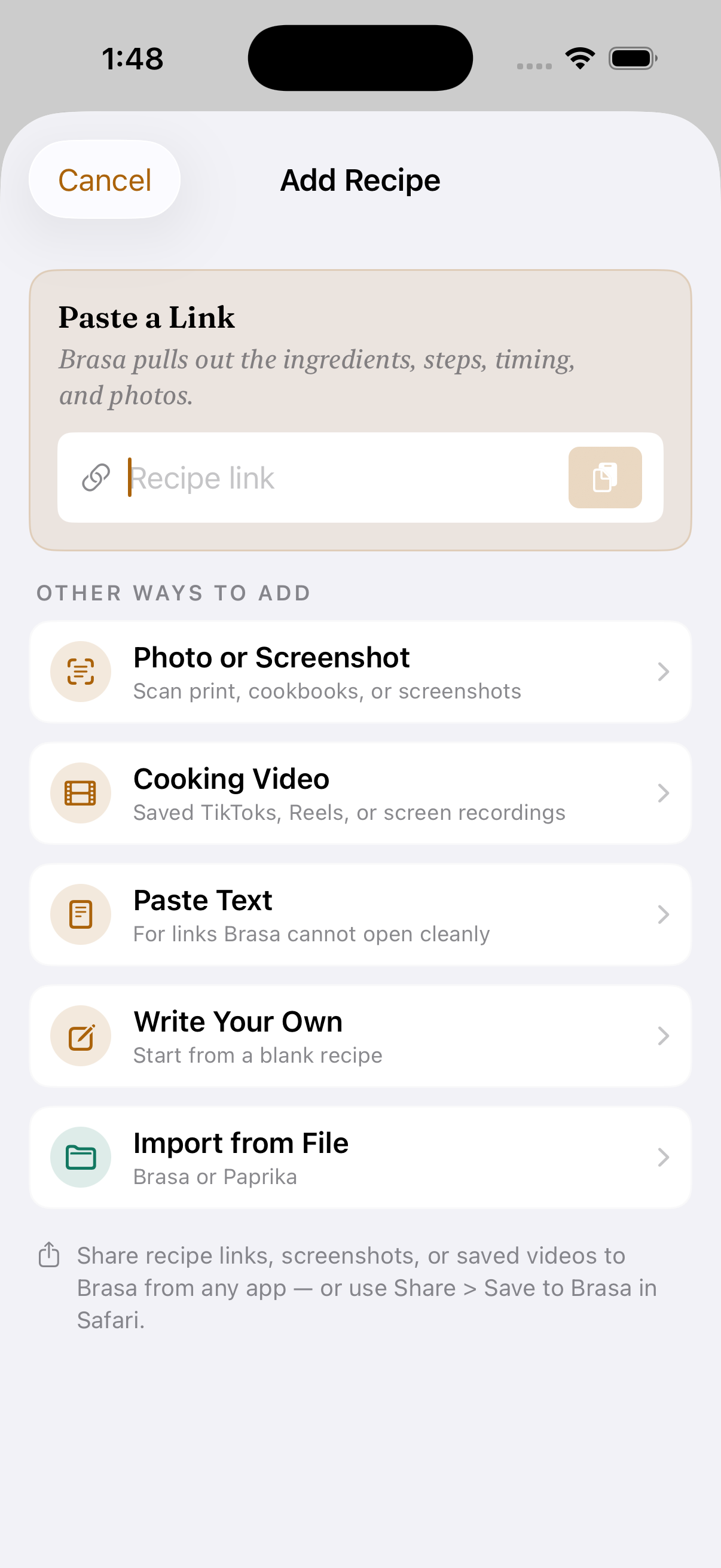 Brasa's current Add Recipe screen with Cooking Video for saved TikToks, Reels, and screen recordings