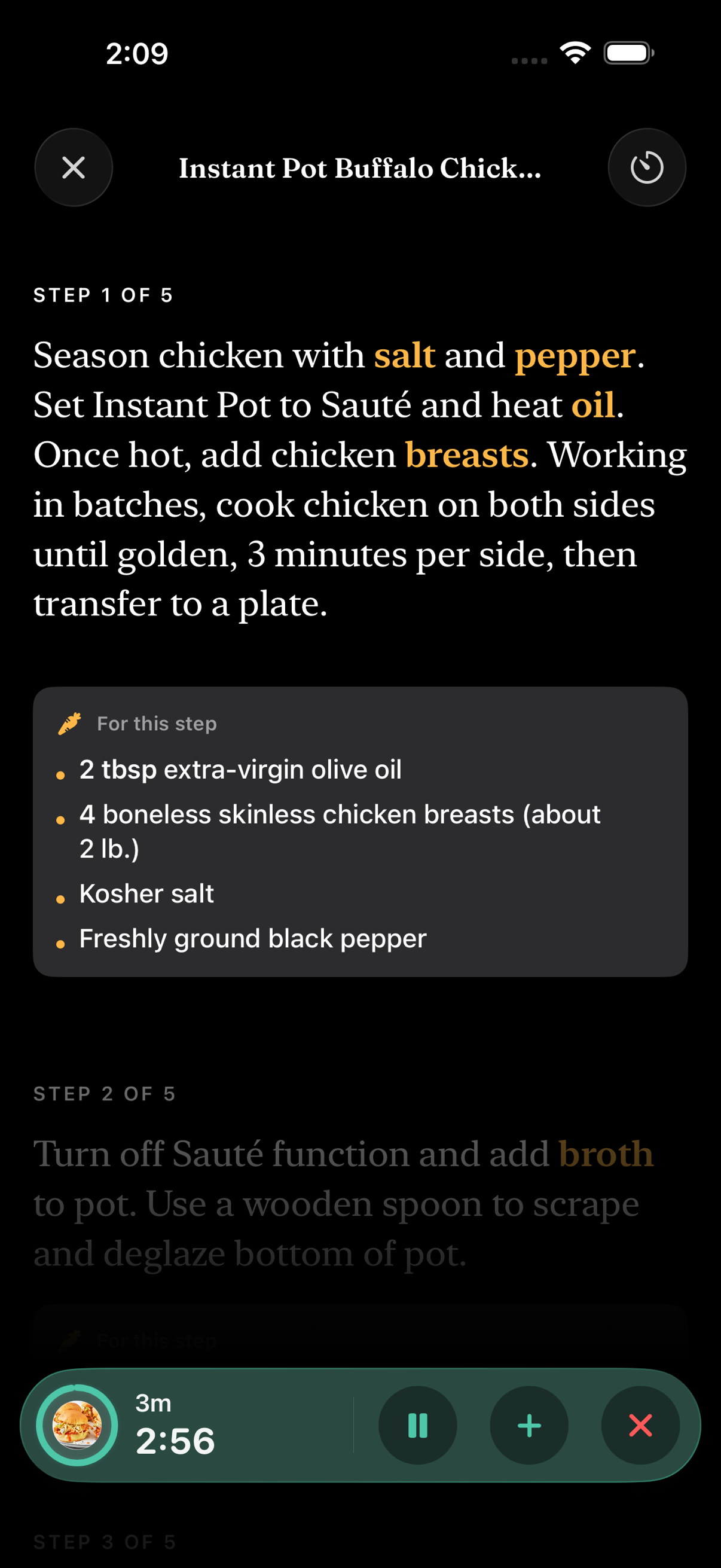 Brasa cook mode showing a large step, ingredients for the step, and a running timer