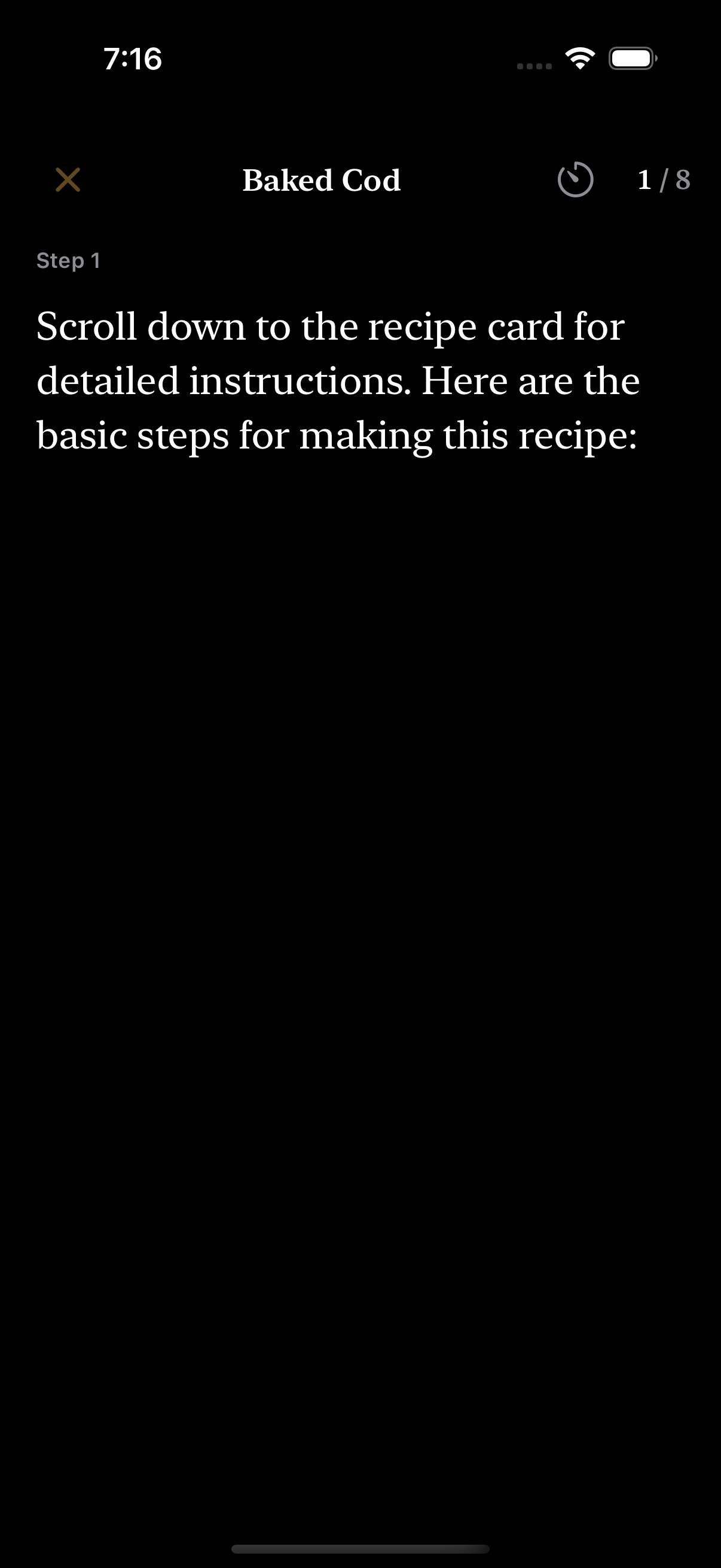 Brasa cook mode showing a single large, readable step