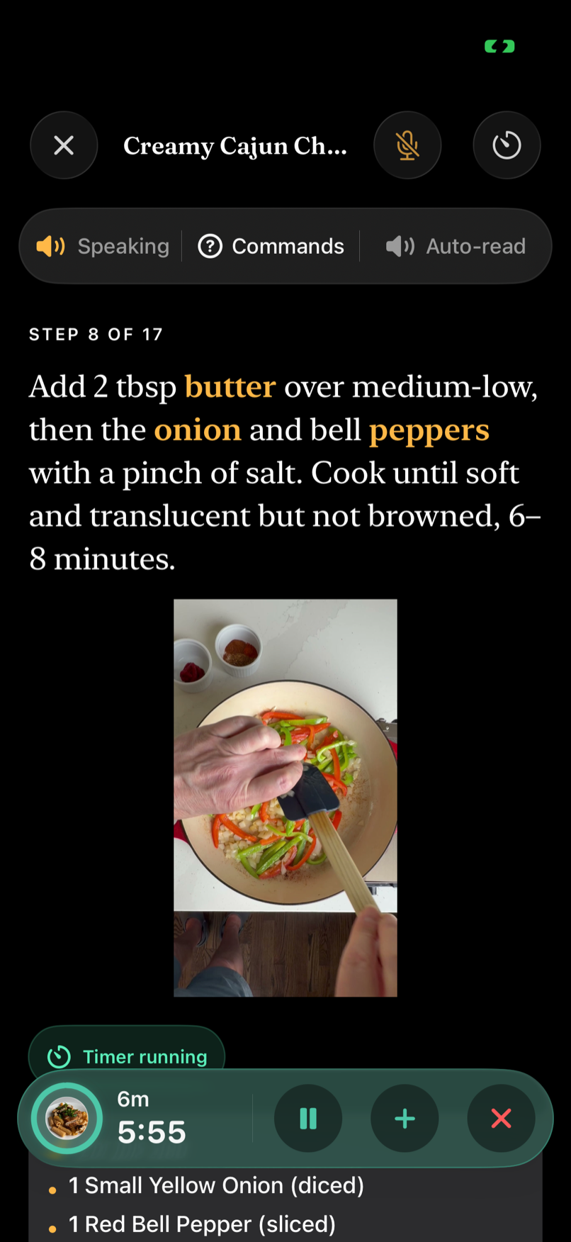 Cook Mode with Brasa Voice speaking: the voice bar shows Speaking, Commands, and Auto-read above step 8 of 17 with highlighted ingredients and a running six-minute timer