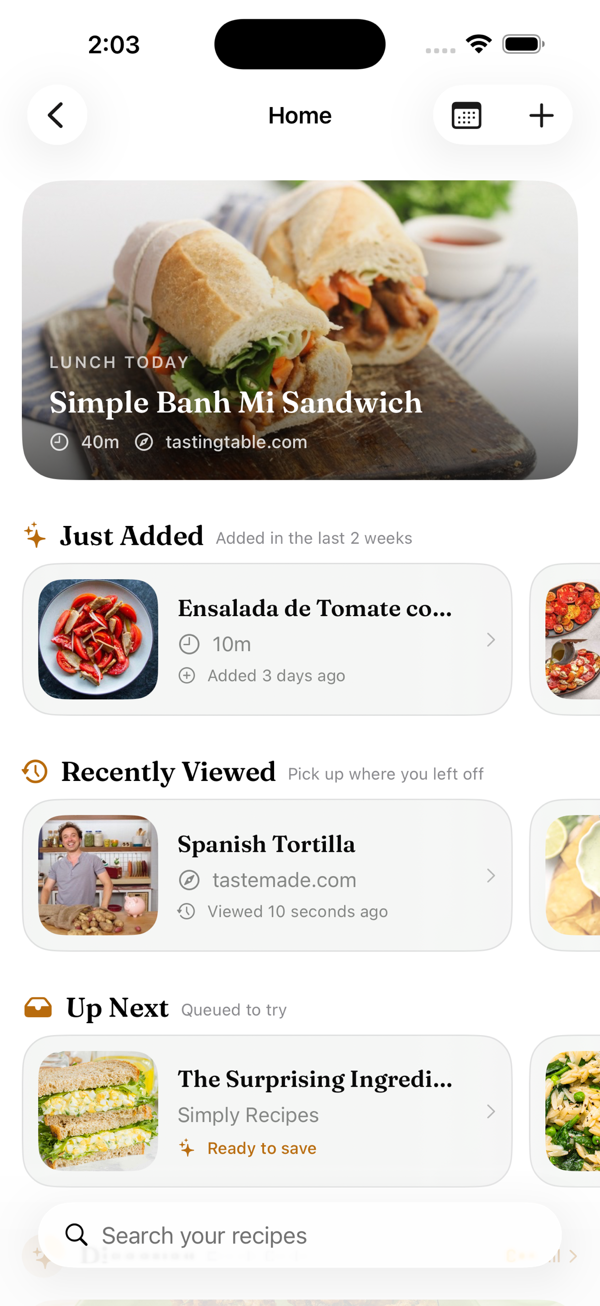 The Brasa home screen with tonight's meal and recipe rails