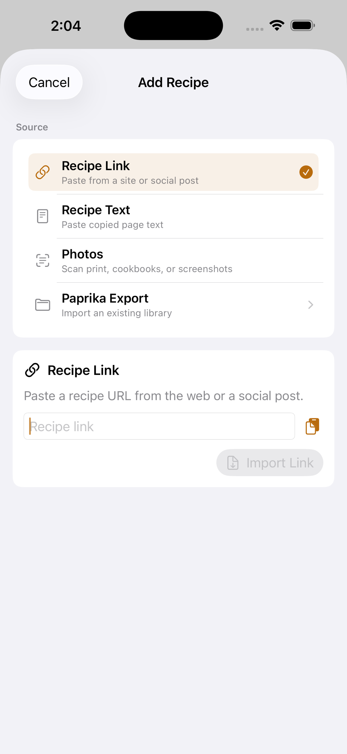 Brasa's import screen showing recipes captured from many different sources