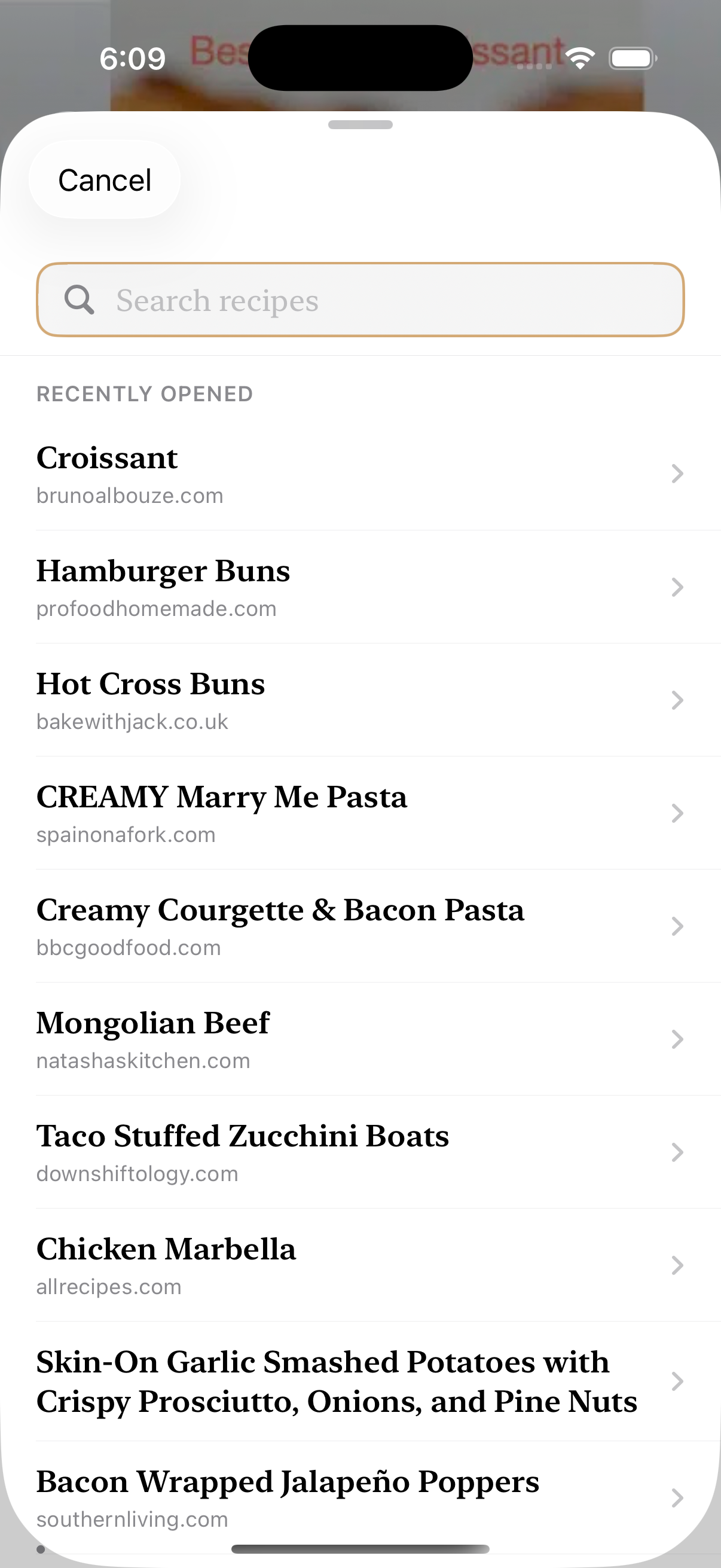 Brasa's import screen showing recipes captured from many different sources