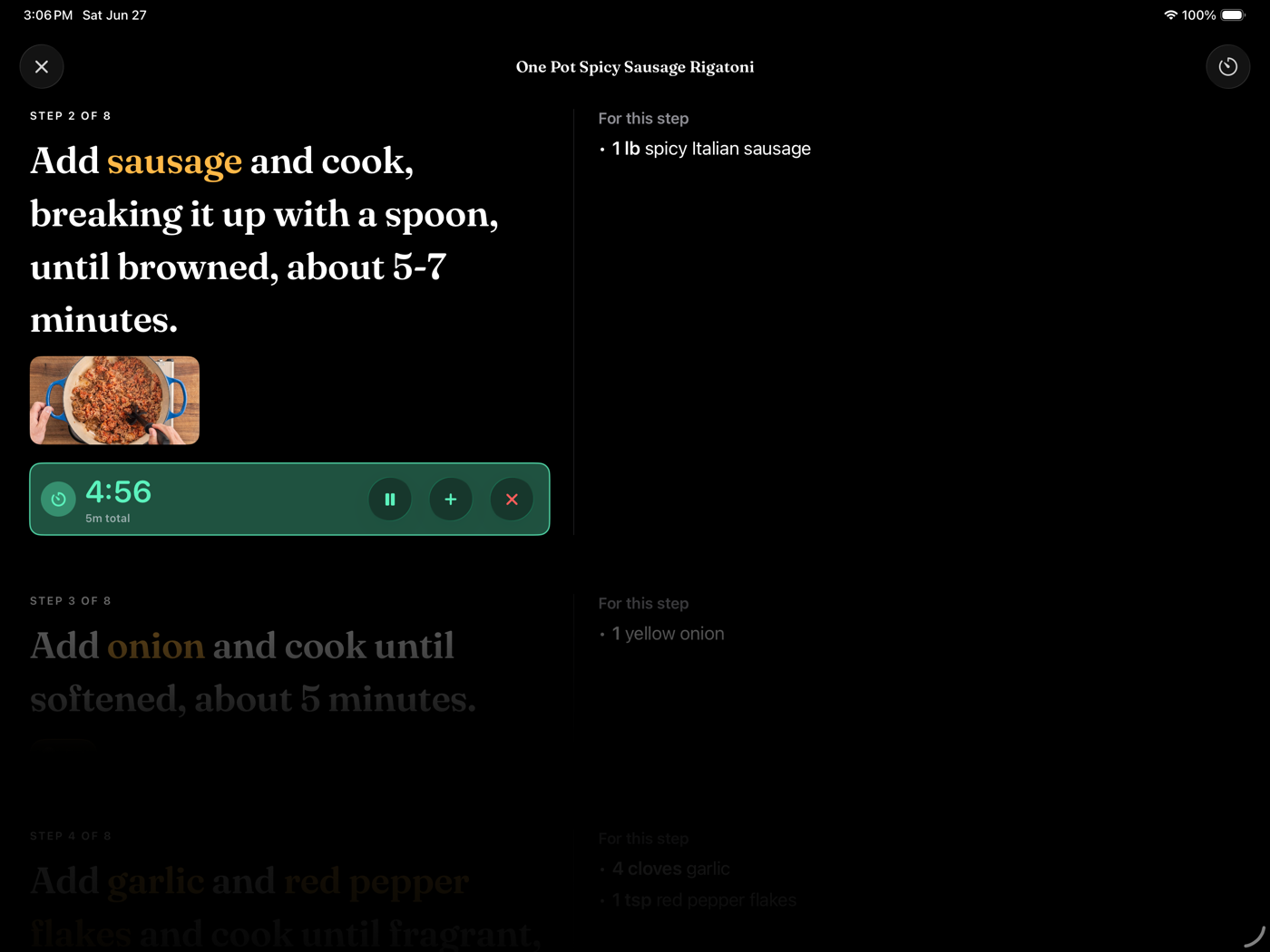 Brasa cook mode running on iPad in landscape with a live timer