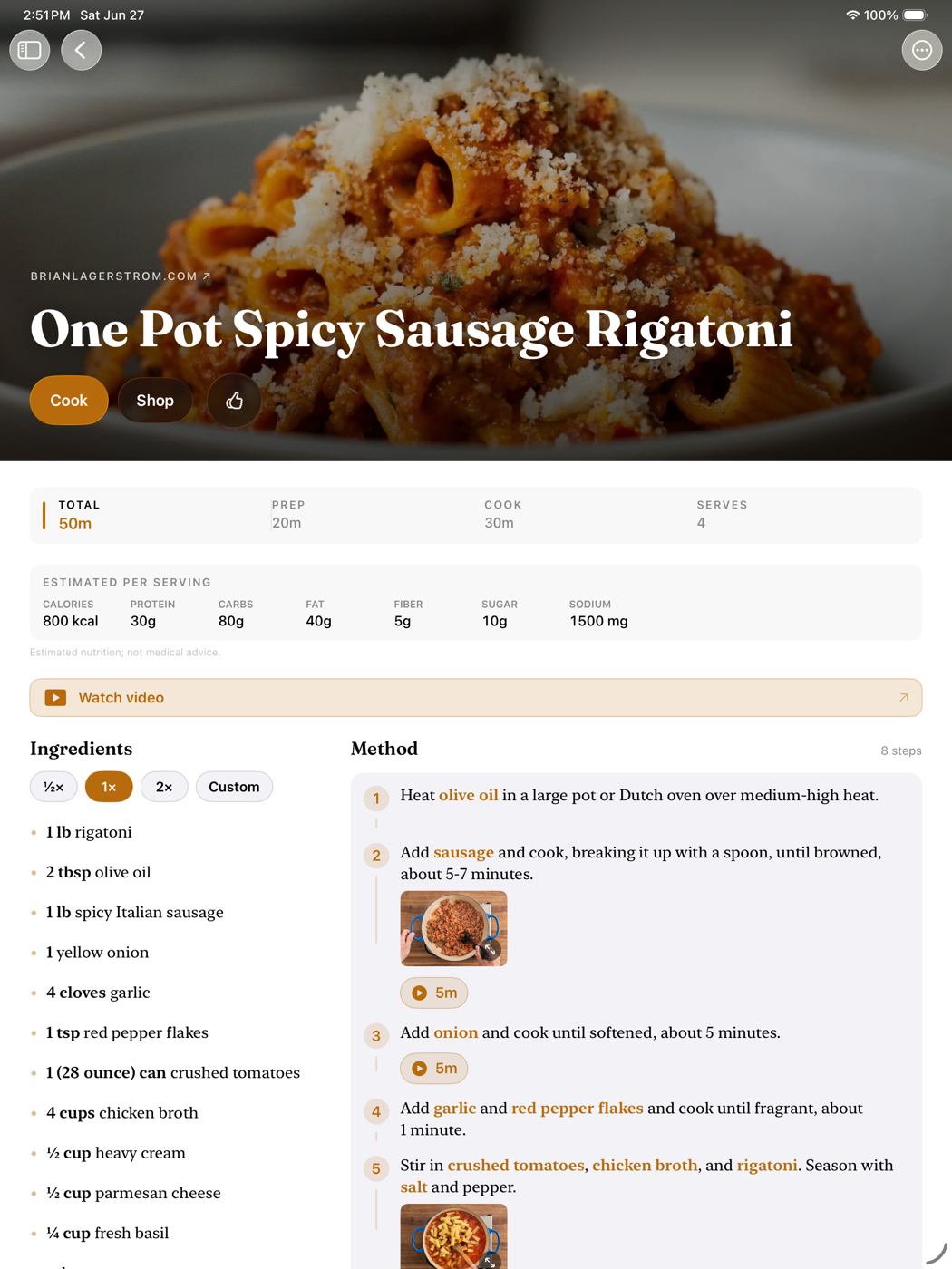 Brasa recipe card on iPad with ingredients and method side by side