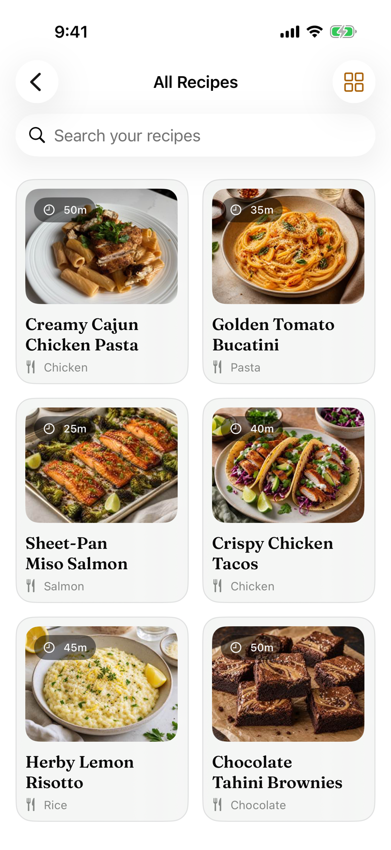 Brasa recipe library showing a personal collection with titles, times, and categories