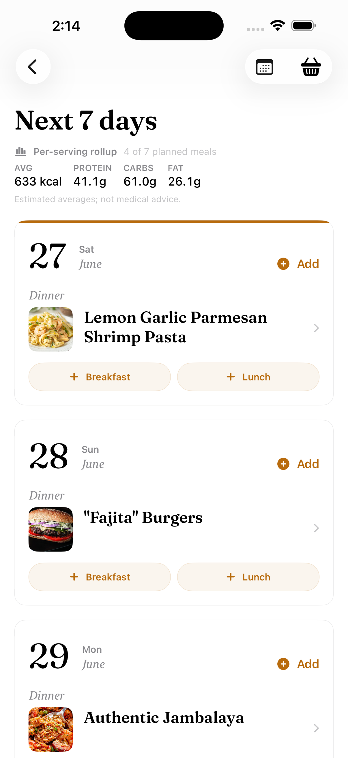Brasa weekly meal planner with recipes assigned across the next seven days