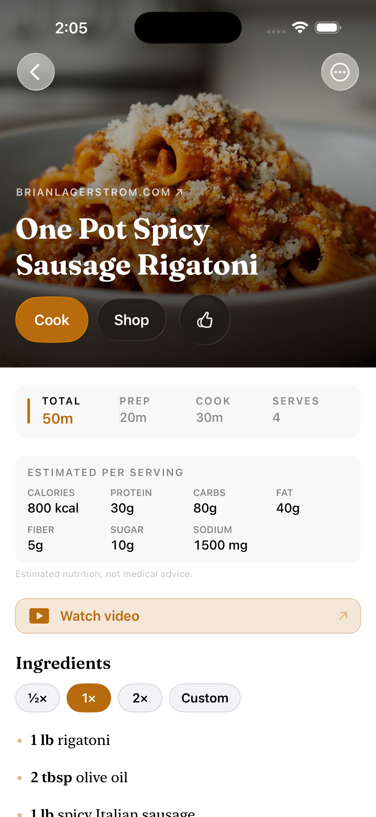 Brasa recipe card with cook and shop actions, ingredients, and timing