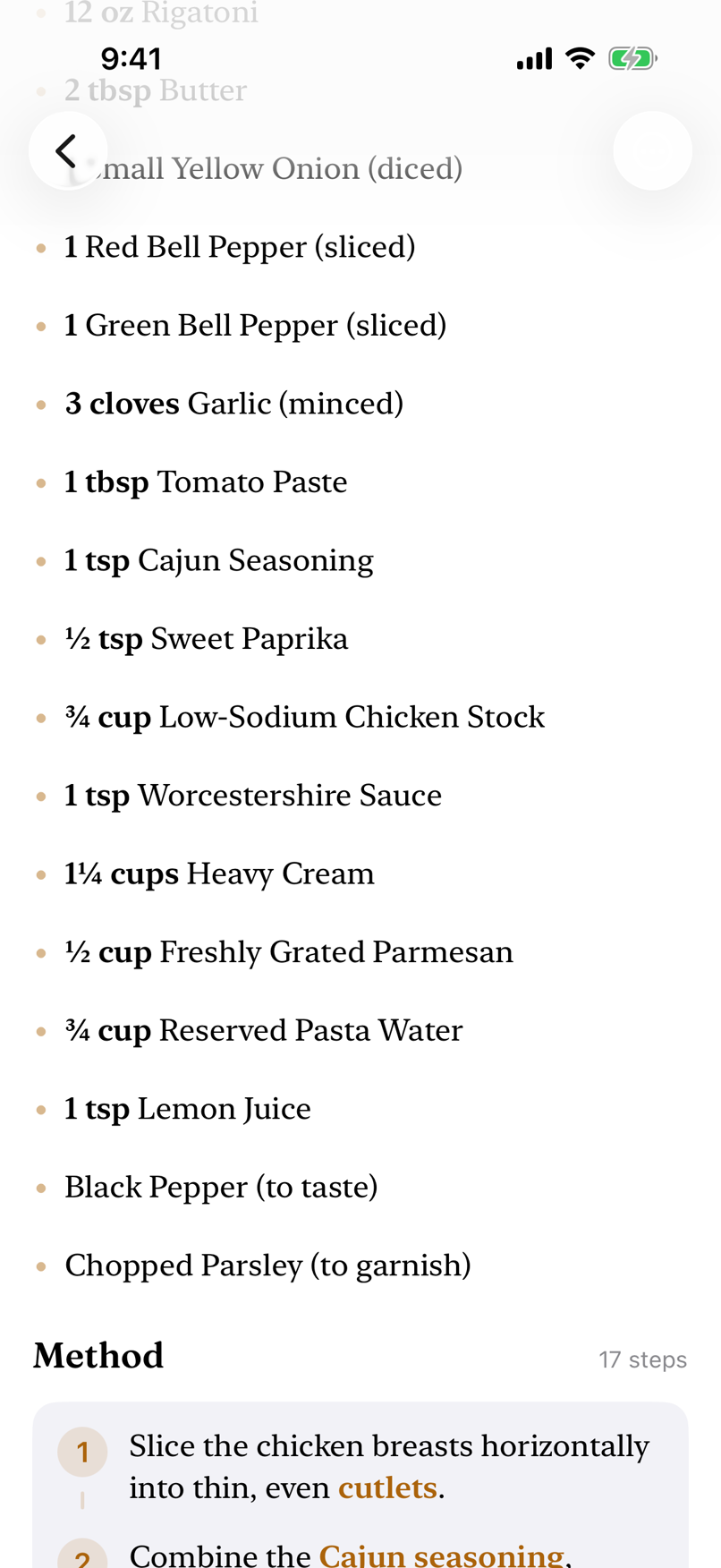 Ingredient list at original scale, showing one half cup Parmesan