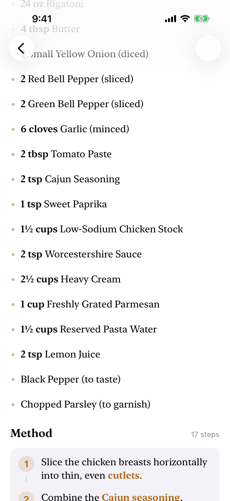 Ingredient list doubled, showing one cup Parmesan