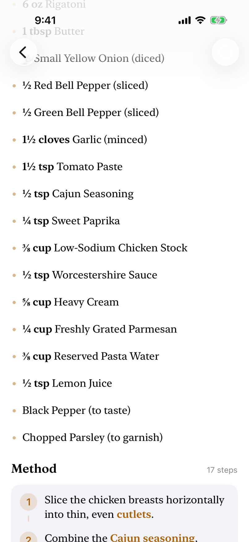 Ingredient list scaled to half, showing one quarter cup Parmesan