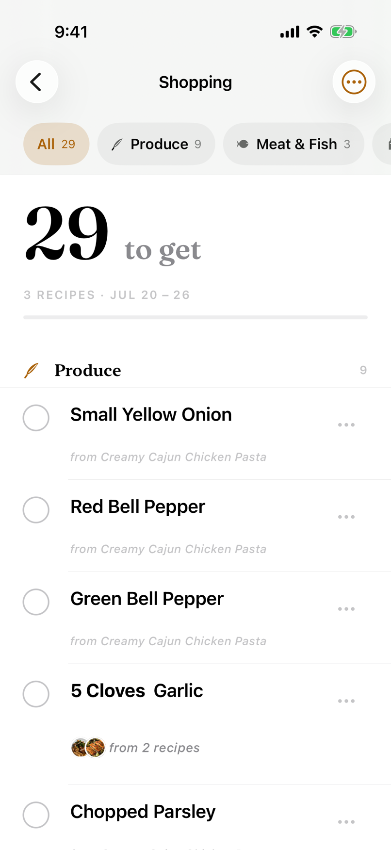 Aisle-sorted Brasa shopping list with merged ingredients attributed to their recipes