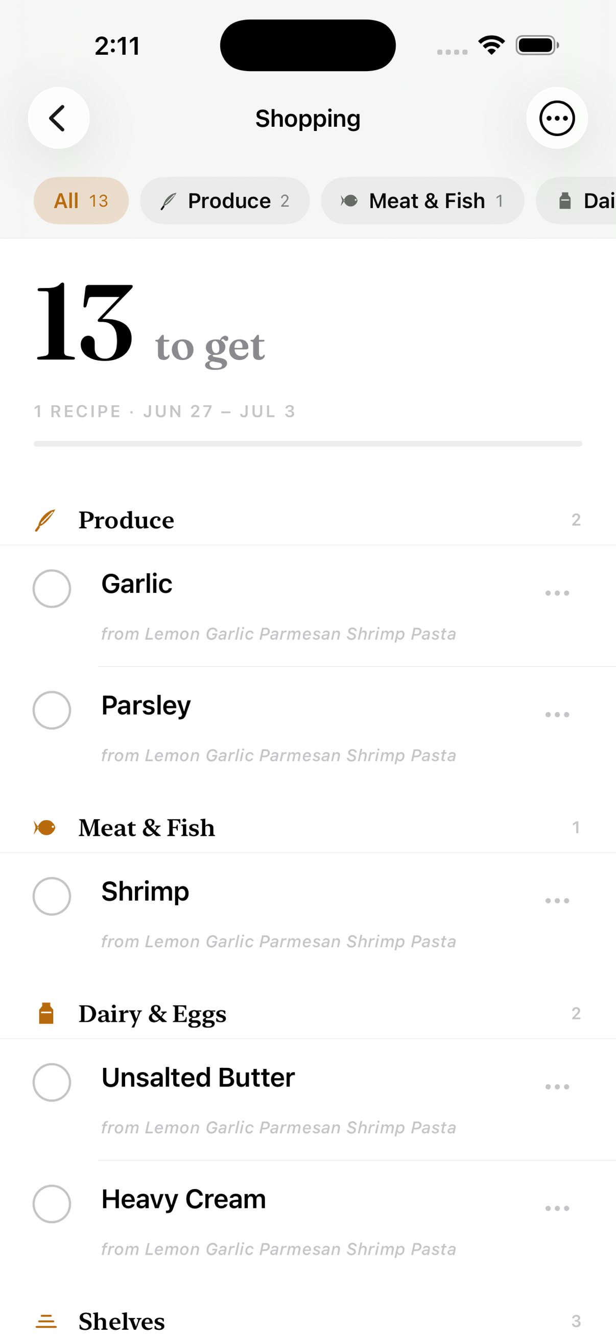 Brasa shopping list grouped by grocery aisle