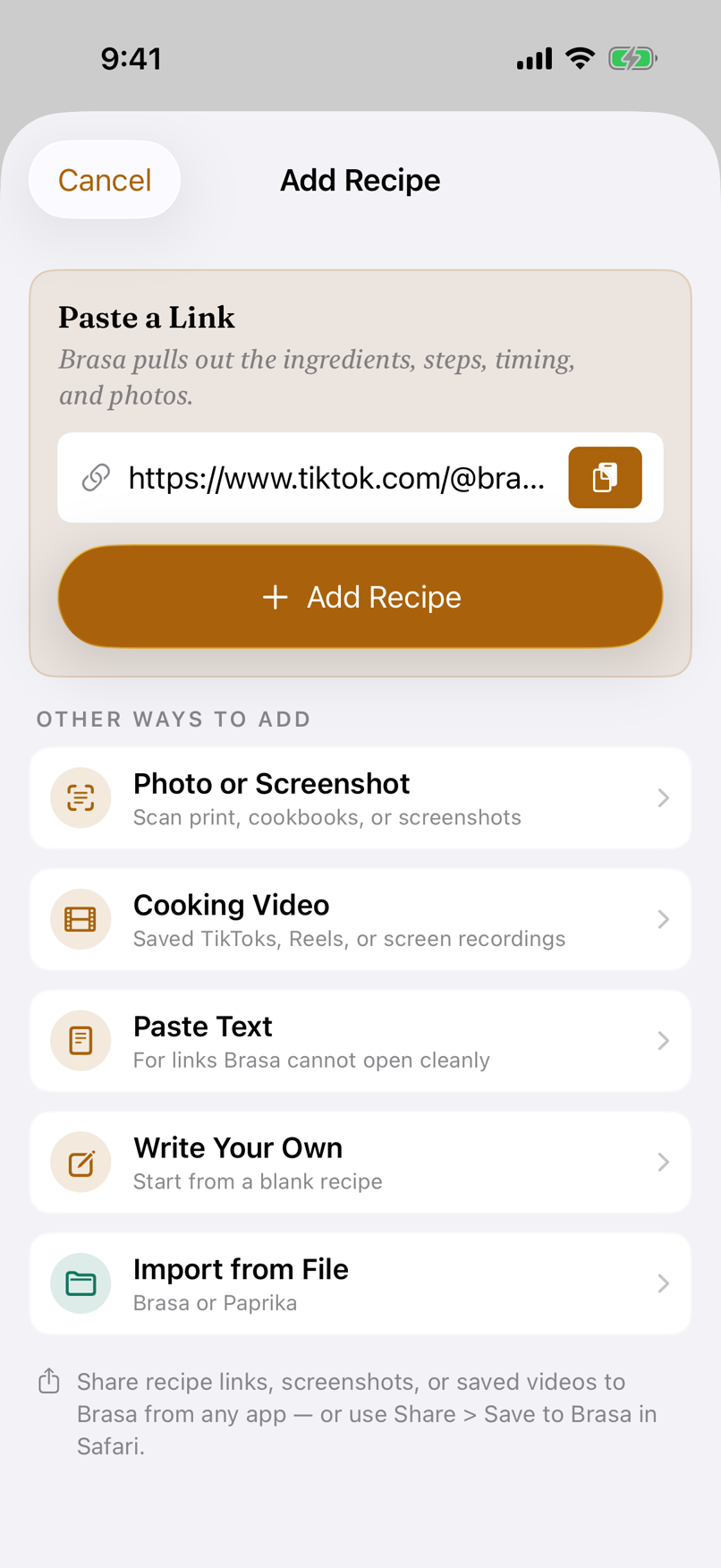 Brasa's Add Recipe screen with a Brasa Recipes TikTok URL ready to import