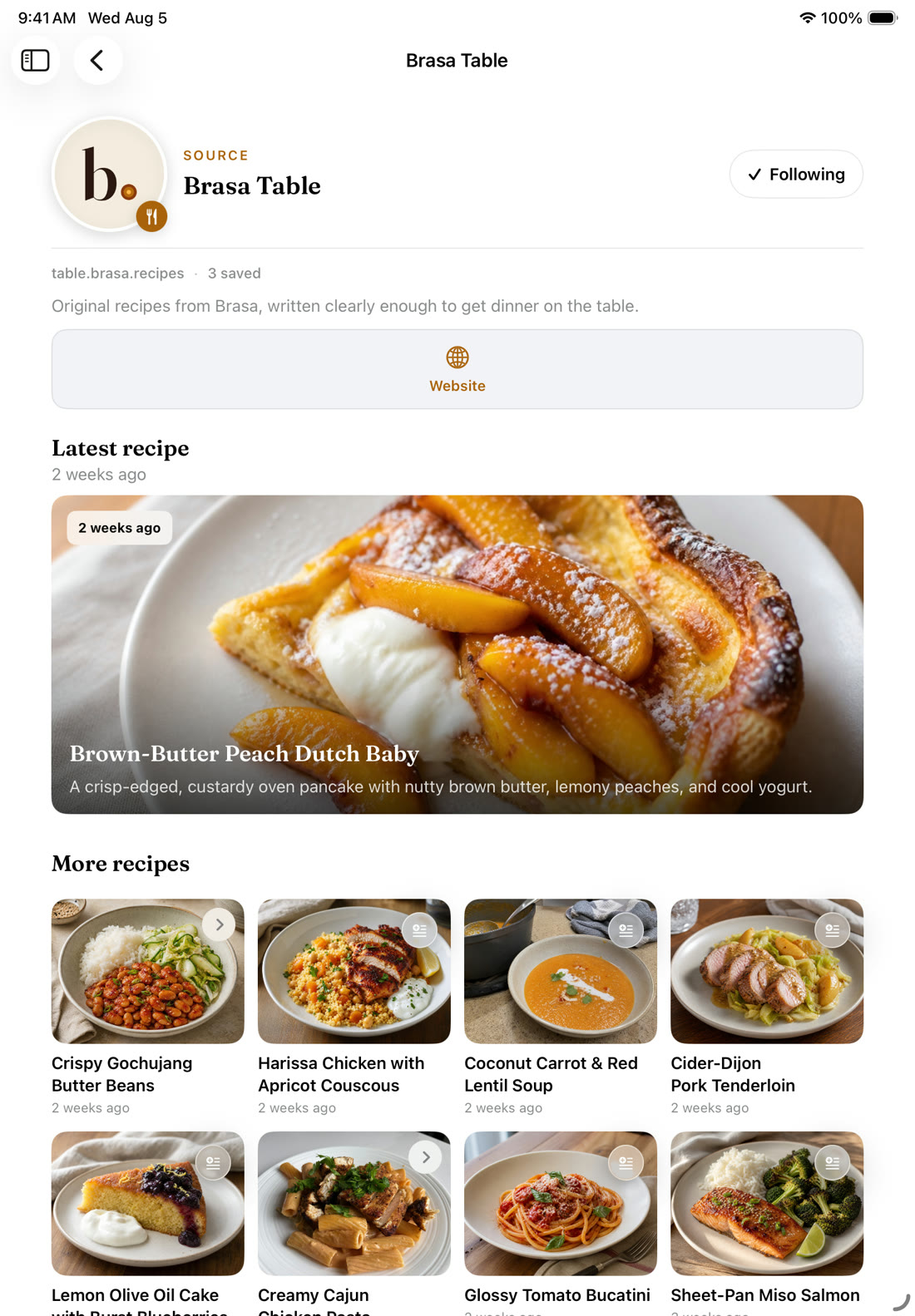 Brasa Table's source page in Brasa: followed, with its latest recipe and a grid of everything it has published, one tap from the original site